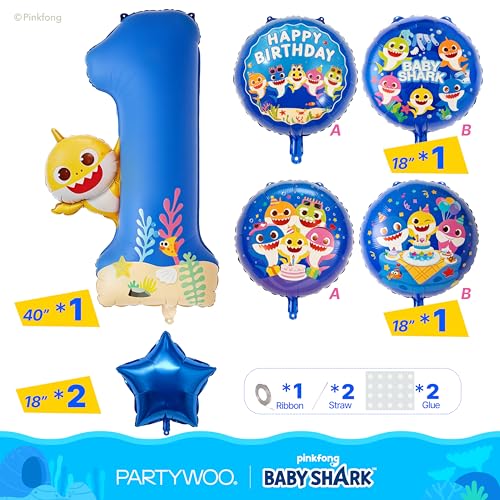 Image of PartyWoo Baby Shark Blue Foil Number 1 Balloon 5pcs 40 18 Inch Blue Round Star Mylar Helium Birthday Balloons for Boys and Girls Baby Shark Under the Sea Ocean Kids First Birthday Party Decorations