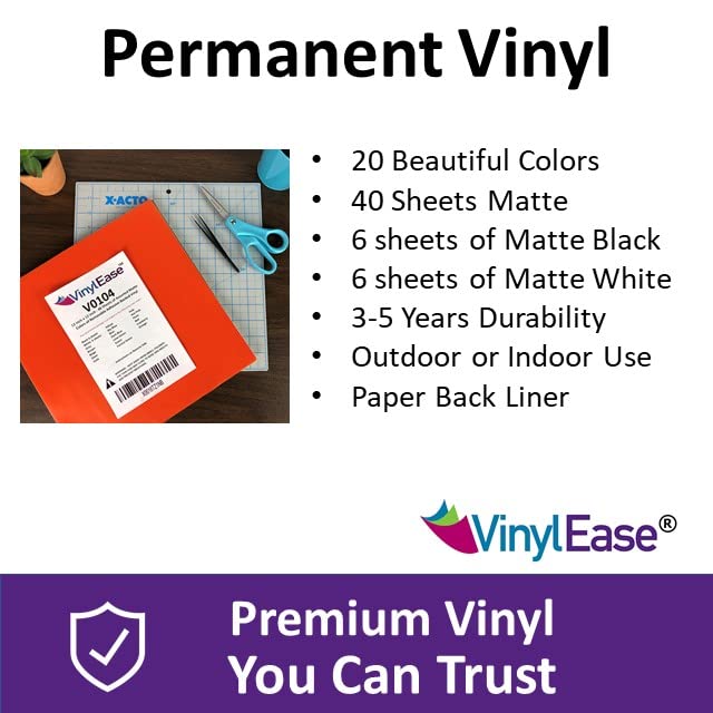 Vinyl Ease 12" x 12" - 48 Sheets of Assorted Matte Colors of Removable Adhesive Backed Vinyl for Craft Cutters, Punches and Vinyl Sign Cutters - V0104