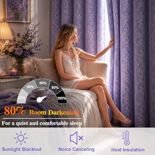 Image of Yinhua Purple Blackout Curtains for Bedroom Double Layer Nursery Curtains for Living Room 63 Inch Length 2 Panels Set Kid Curtain with Floral Sheer Overlay, Grommet Drapes with Tiebacks, 52 inch W x 63 inch L