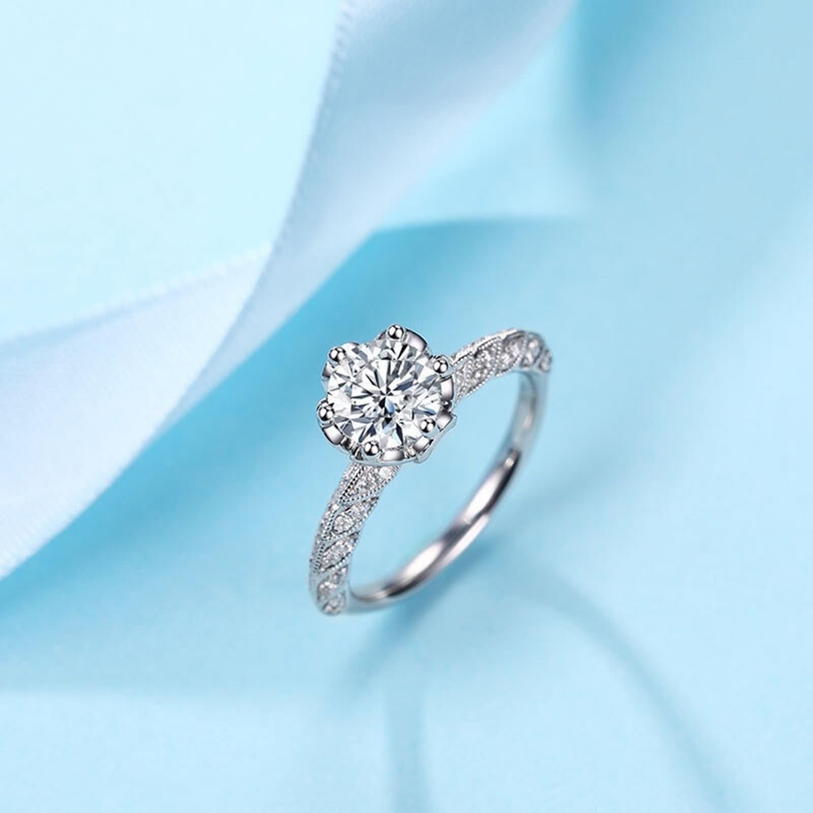 14 Karat Weißgold Ring Für Freundin Labordiamant Weiß, Eternity Ring Gedrehte Blätterblume, 6-Zackiger Labordiamant, 1 Karat