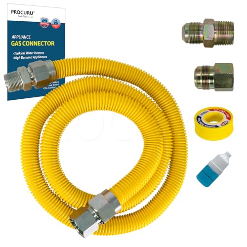 PROCURU 1 OD x 60 (5Ft) x 3/4MIP x 3/4FIP Universal Flexible Gas Connector With/Without Service Valve WP MaxFlow High Capacity Stainless Steel Tubing for Tankless Water Heater (Blue-A1 Series)