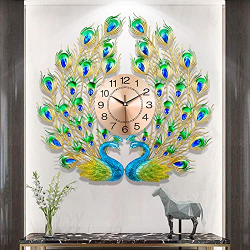 FMTAD Reloj de pared grande de pavo real, silencioso, sin tictac, 3D, creativo, de lujo, decorativo, relojes de pared grandes de mediados de siglo, para sala de estar, dormitorio, comedor, diámetro de 28 pulgadas