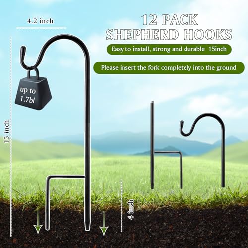 Image of 15inch 12 Pcs Adjustable Shepherds Hook for Outdoor Metal Rust Resistant Steel Shepard Hooks for Bird Stand Feeder Pole, Weddings Decor, Garden Plant Basket, Outside Hanging Solar Lights