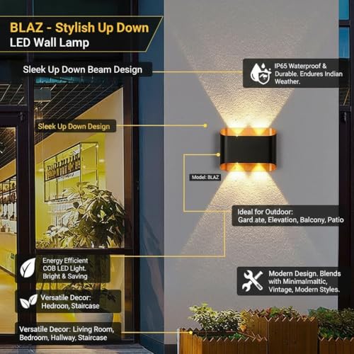 Image of Waterproof Up Down Led Wall Lamp, Aluminium IP65 Body 2+2 Ray, Warm White, Indoor /Outdoor Decorative Wall Sconce Light(BLAZ)