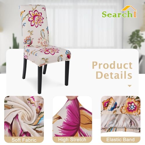 Image of SearchI Printed Dining Room Chair Covers Set of 6, Stretch Kitchen Chair Covers Washable Parsons Chair Slipcover Removable Dining Chair Protectors for Hotel,Ceremony(Flower Pattern)