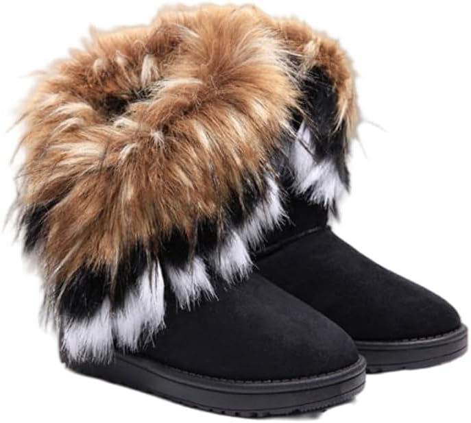 Winter Snow Boot Suede Womens Faux Fur Tassel Flat Ankle Boots Fur Lined Warm Ankle Booties