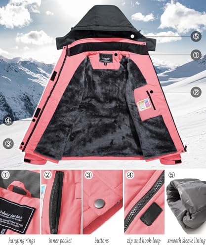 TACVASEN Damen Funktionsjacke Wandern Winterjacke Winddicht Wasserdicht Regenjacke Warm Fleece Snowboardjacke Wetterjacke, Rosa-grau, L