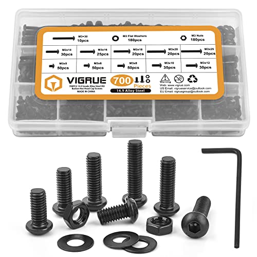 VIGRUE 700PCS M3 x 5/6/8/10/12/14/16/18/20/25/30mm Button Hex Head Cap Screws 14.9 Grade Alloy Steel M3 Metric Machine Screws Bolts Nuts Washer Assortment Kit