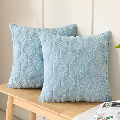 Volcanics Pack of 2 Faux Wool Throw Pillow Covers 20x20 Inches Decorative Farmhouse Velvet Couch Pillow Case Soft Plush Square Boho Cushion Pillowcase, Misty Blue