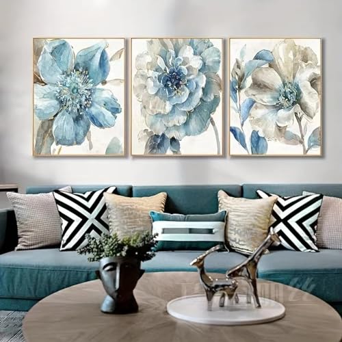 Impression toile fleurs bleues et affiche murale salon style scandinave 60x90