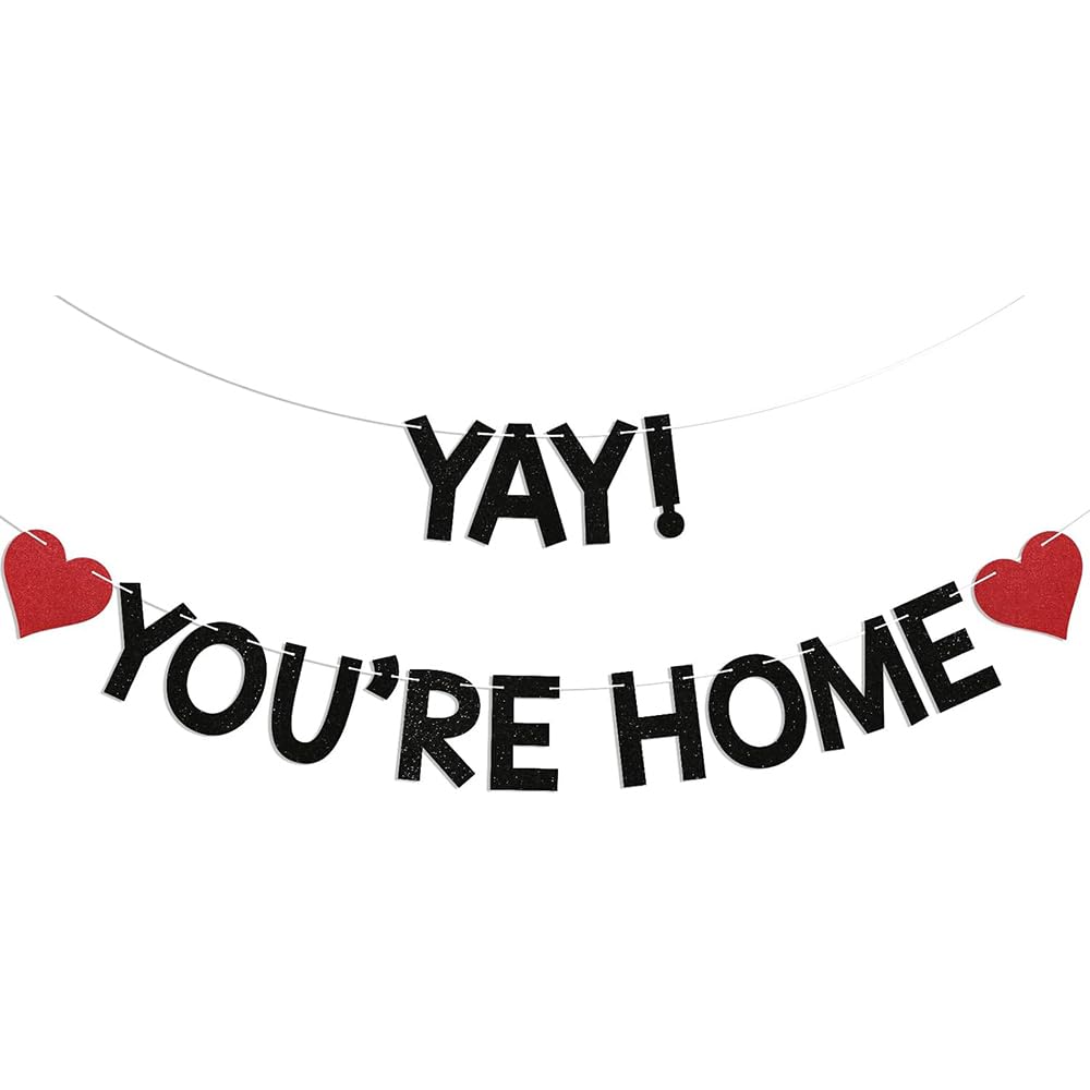 Yay! You're Home! Banner - Welcome Back to Home Sign, Family Reunion Party Bunting Sign, Welcome Home Party Decorations Black Glitter — image 1