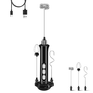 Rechargeable Milk Frother Handheld 3 Speed Adjustable with 3 Detachable Stainless Whisks, Handheld Coffee Frother, Drink Mixer for Coffee, Matcha, Protein Shakes, with Charging Base and Whisk Storage - Amazon product rated Grade A