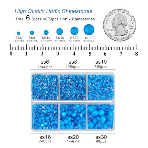 Image of BEADSLAND Hotfix Rhinestones, 4000 PCS Rhinestones for Clothes Crafts Mixed 6 Sizes with Wax Pencil and Tweezers Kit, SS6-SS30, Neon Blue