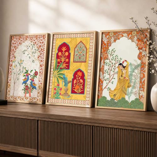 Image of kotart Indian Traditional Madhubani Wall Art Painting With Frame | Paintings Home Decoration For Living Room Bed Room Hotel Wall Decor Digital Reprint Set of 3 (35x37 Inch)