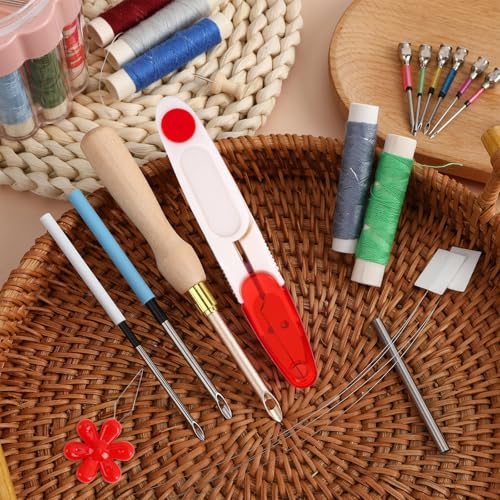 Image of AUGSUN 13 Pcs Punch Needle Kit Embroidery Tool Set for Beginners Adults | Adjustable Punch Needles, Ergonomic Wooden Handle, With Yarn Guide Threader, DIY Crafts Fabric Art Project, Red Set