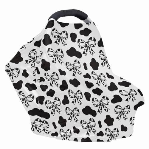 Image of Baby Car Seat Cover, Bow Cow Print Car Seat Canopy for Girls Boys