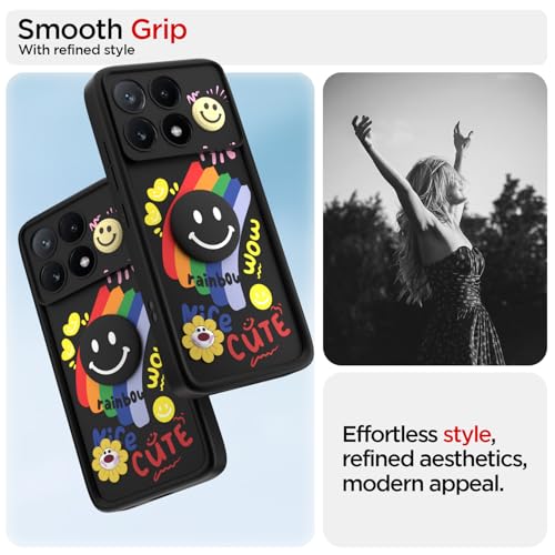 Image of Pikkme Back Cover for Poco X6 Pro 5G | Soft Silicone| Cute Rainbow Smile & 3D Cartoon Flower Design | Shockproof Raised Camera Protection Bumper Case (Black)
