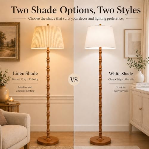 Image of Real Wood Floor Lamp with Dual Lampshades, Sculptural Spindle Standing Lamp with Foot Switch, Modern Farmhouse Dimmable Floor Lamp for Living Room, Bedroom, Reading Corner & Cozy Home Decor