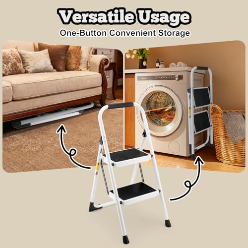 Image of 2 Step Ladder Foldable, Lightweight Step Stool Folding,Ladder for Home Use with Wide Pedal and Anti-Slip, Portable and Stability Ladders with Handrails for Adults Kitchen Household Outdoor, White