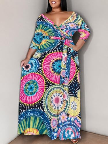 Image of SUZONANA Plus Size Maxi Dresses for Curcy Women Casual Loose 3 /4 Sleeve Long Dress with Belt