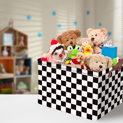 Image of Checkered Storage Basket Waterproof Canvas Toy Storage Bin Race Car Room Decor Collapsible Outdoor Basket with Leather Handles Checkered Decor Car Blanket Baskets For Closets,Bedrooms,Gifts Baskets