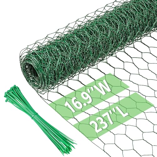 Image of Chicken Wire 16.9 in x 237 in Poultry Wire Netting Hexagonal Galvanized Mesh Garden Fence Barrier for Pet Rabbit Chicken Fencing with 100 Pcs Cable Zip Ties(PVC-Coated)