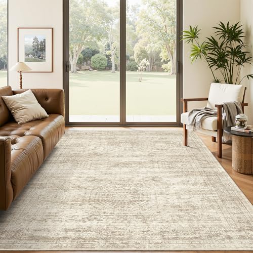Soalmost 5x7 Area Rugs Beige Low Pile Indoor Washable Trendy Faded Style Rugs for Bedroom Living Room Dining Room Foldable Non-Slip Thin Print Home Office Mat