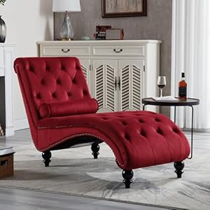 DecoraFlex Tufted Chaise Lounge Chair Indoor, Velvet Chaise Lounges with Solid Wood Legs & Support Pillow, Upholstered Couch for Bedroom Living Room Office, Leisure Sofa Recliner(RED)