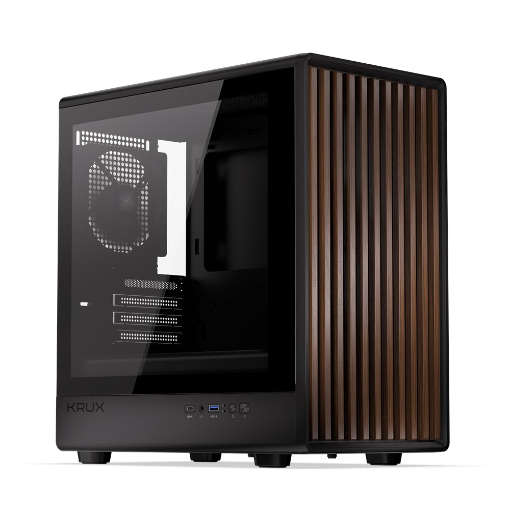 KRUX Helio, microATX Mini ITX Gehäuse, Echtholz Design, Glasfenster, 120mm PWM Lüfter, USB-C, USB 3.0, GPU bis 320mm, CPU bis 175mm, Staubfilter, Schwarz mit Holz-Front