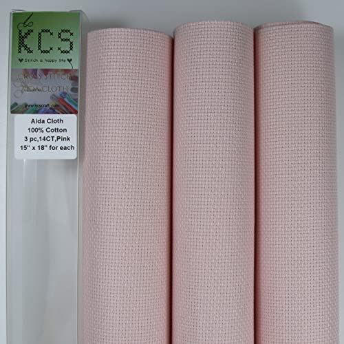 Image of KCS 3 pc of 15 inch x 18 inch Counted Cross Stitch Cotton Aida Cloth Needlework Fabric,14CT,Pink