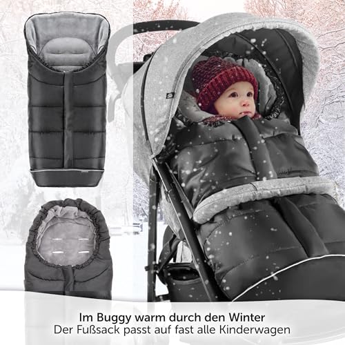 Zamboo Fußsack für Joie Buggy Sportwagen (passend für Litetrax, Mytrax, Chrome) - Winterfußsack für Kinderwagen, mit Reflektor, Kapuzenfunktion & Tasche - Schwarz