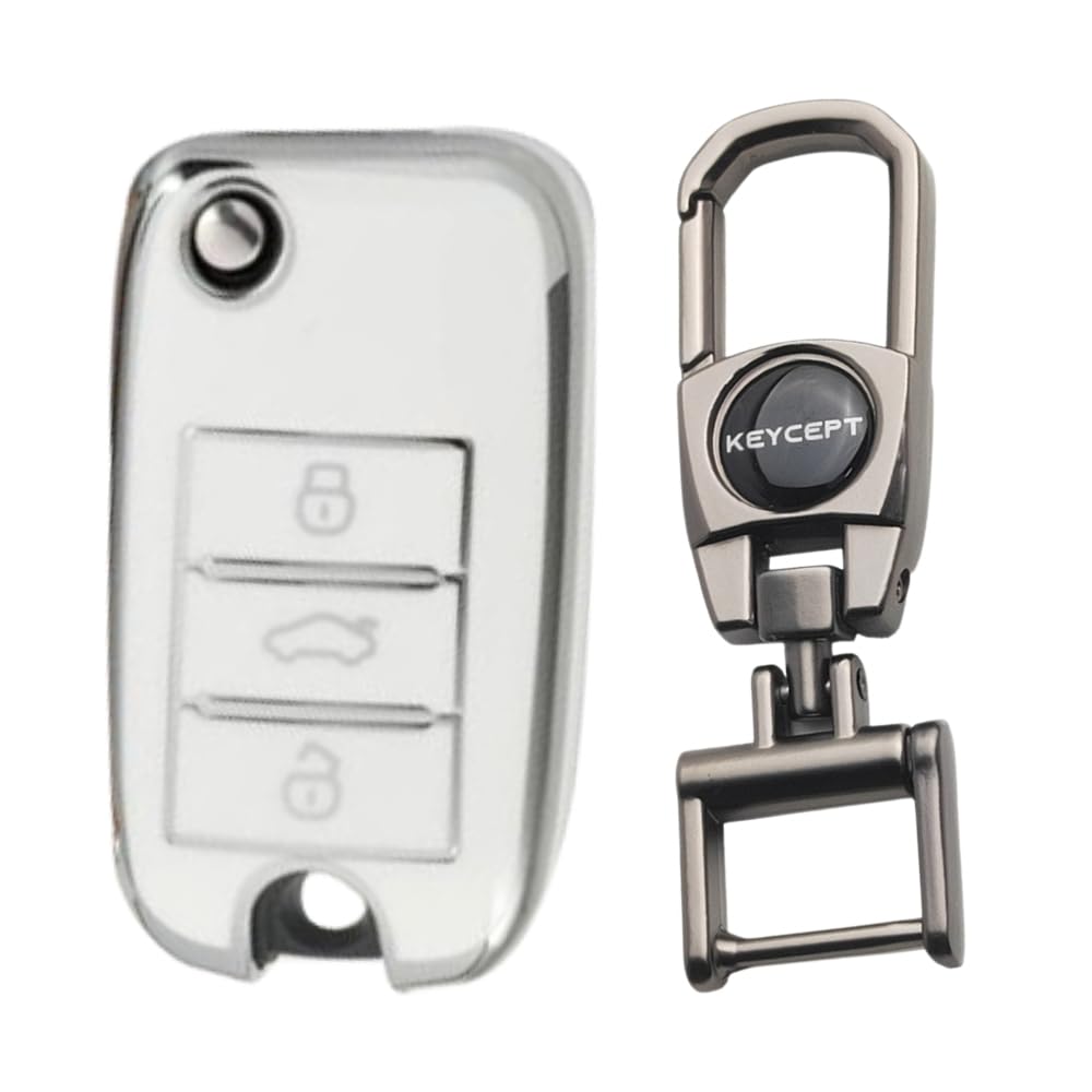 Keycept™ Silver Line TPU Key Cover Compatible with MG Comet 3 button Smart Key with Keychain. (Type 2, White)