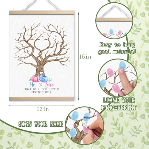Image of Pumpkin Baby Shower Gender Reveal Fingerprint Tree Canvas Guest Books, Gender Reveal Party Decorations Gifts Ideas, Thumbprint Hanging Paintings