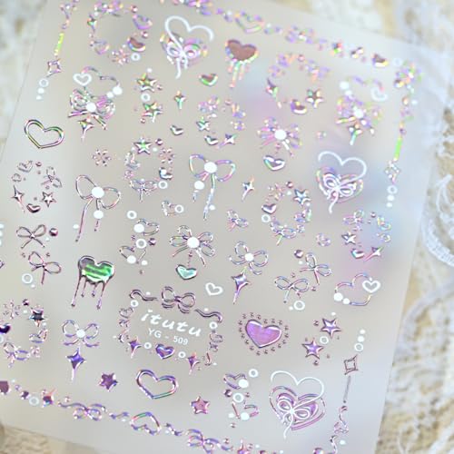 Image of Valentine's Nail Stickers Heart Nail Art Stickers Romantic Rose Gold with Bow Design Pink Nails Decals 5D Embossed Self Adhesive Nails Charms Supply for Women Manicure DIY Decoration