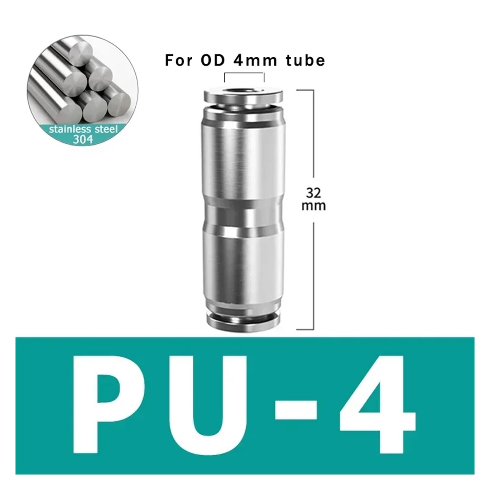 Raccords de Tuyau d'air pneumatique en Acier Inoxydable 304, raccord Rapide métallique, Haute Pression, connecteur(200 Pcs,PU-4)