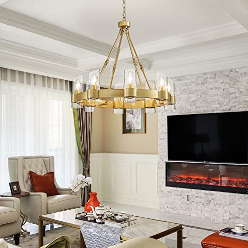 Image of WUZUPS Wagon Wheel Chandelier 8-Light with Clear Glass Industrial Modern Farmhouse Round Light Fixture for Dining Room Kithen Island Foyer, Width 26 inch Height 22 inch, Gold