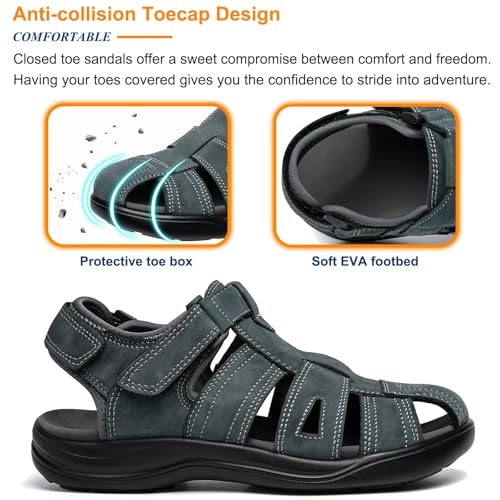 Mens Fisherman Leather Closed Toe Sandals Adjustable Comfortable Walking Dress Casual Sandalias Whith Memory Foam Summer Outdoor Athletic Grey4