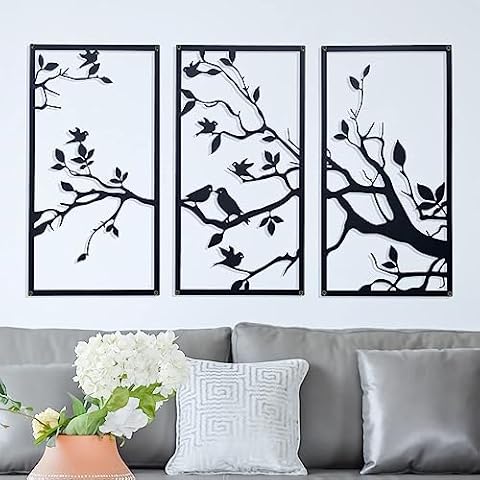 DUOOLN 3 Pcs Birds On Branch Large Metal Wall Art Decor,Black Tree of Life Silhouette Sculpture ,Leaves with Birds Metal Ornament Hanging Sign for Home Garden Office Living Room Indoor Outdoor Cover