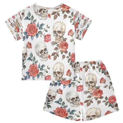 senya Short Sleeve Pajamas Sets Summer Cotton Sleepwear Skulls Red Roses2
