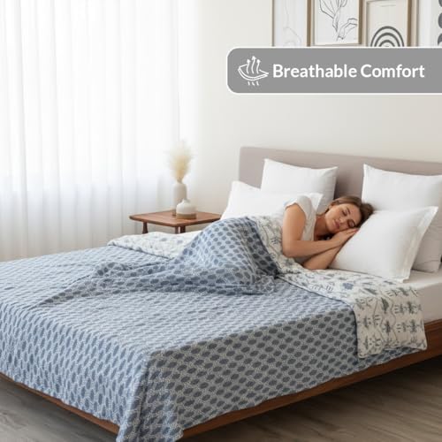Image of HOMEMONDE 100% Cotton Reversible Dohar Double Bed Size | 300 TC AC Blanket Comforter | Soft Lightweight Bed Blanket Quilt | Premium Gift Box Included (84 x 94 Inch, Light Grey & Green, Pack of 1)