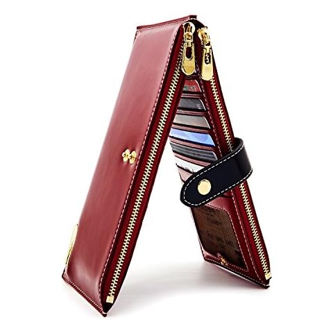 ANDOILT Womens Genuine Leather Wallet RFID Blocking Credit Card Holder Zipper Purse Cell Phone Handbag red Cover