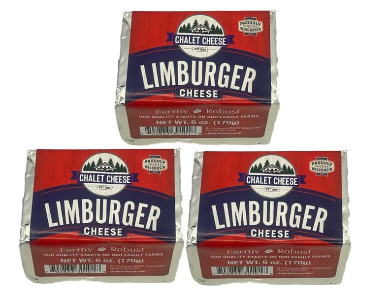 Limburger Cheese | Specialty Cheese | Authentic Amish Country Cheese | Gourmet, Bold & Pungent Flavor | Fresh & Aged for Rich Taste | (Chalet Limburger 3PK, Limburger) Limburger Chalet Limburger 3-Pack