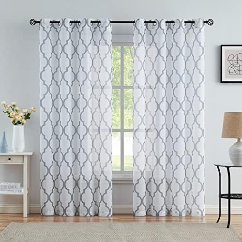 Metro Parlor Grey White Sheer Curtains 84 Inches Long for Living Room Bedroom, Moroccan Pattern Printed Window Treatments, Grommet Top Light Filtering Drapes 52″ W 2 Panel Sets