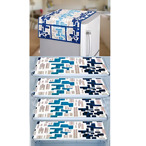 Image of Polyester 3-Layered Fridge Top Cover /Refrigerator Cover with Utility Pockets and Set of 4 Pc Fridge Mats (Color-Blue, Size-39x21 Inch)
