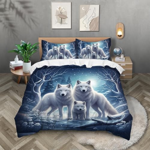TKCQX Loup Blanc Housse de Couette Animaux de La Forêt Loup Housse de Couette 90x190 Enfant Garçon Fille Adulte Parure de Lit 1 Personne en Microfibre avec Taie...