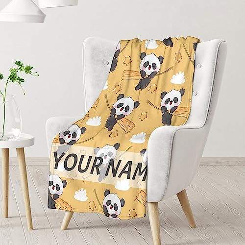 Personalized Panda Blanket Gifts with Name - 30"x40" Cute Throw Blanket for Kids, Adults - Yellow Soft Fuzzy Blankets for Couch & Office