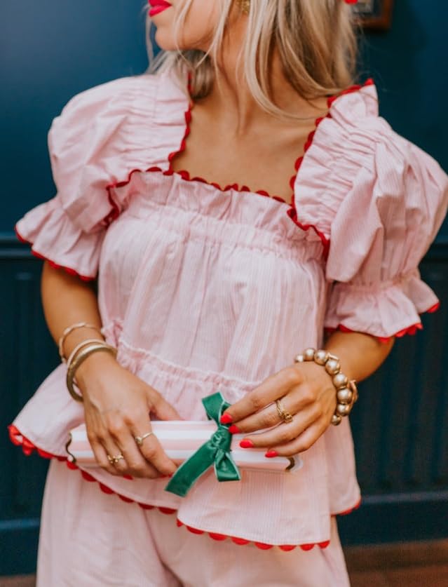 Image of Argeousgor Women Plaid 2 Piece Pajama Set Button Down Puff Sleeve Babydoll Shirt Gingham Pants Pj Lounge Set Sleepwear