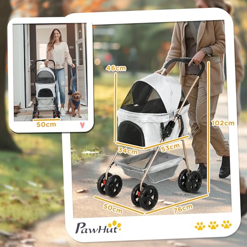 PawHut Hundewagen 3 in 1 Hundebuggy klappbar für Hunde & Katzen bis 4 kg Katzenbuggy mit Kissen Netzfenstern Getränkehalter Aufbewahrungskorb Katzenwagen Buggy Hellgrau