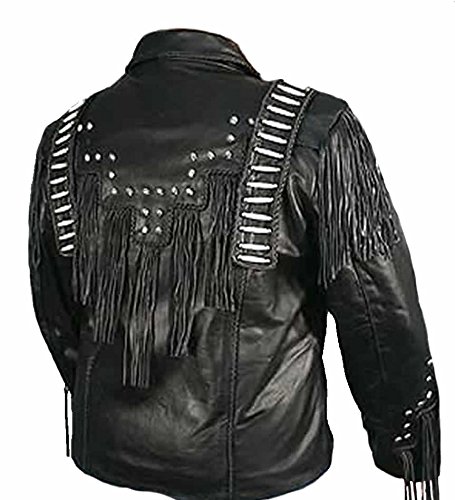 LEATHERAY Men's Fashion Western Genuine Cowboy Jacket Native American Wears Fringed & Beaded Jacket Cow Leather Black2