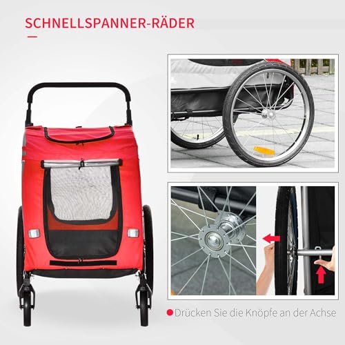 PawHut 2-in-1 Hundeanhänger & Hundebuggy, Hundefahrradanhänger Fahrradanhänger, Hundewagen mit Reflektoren für Mittelgroße Hunde bis 20 kg, Oxford-Gewebe, Rot